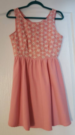 MINE Peach and Beige Lacy Embroidered Dress (lined) – Sz MEDIUM