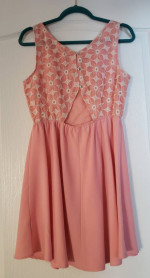 MINE Peach and Beige Lacy Embroidered Dress (lined) – Sz MEDIUM