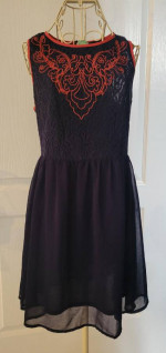 FRANCESCA’S BLUE RAIN Navy Blue/Orange Lace Sheer Sleeveless Dress - M