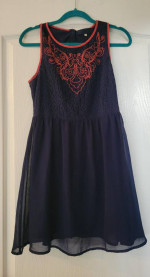 FRANCESCA’S BLUE RAIN Navy Blue/Orange Lace Sheer Sleeveless Dress - M