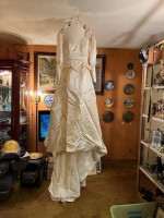 Vtg Wedding gown 1990s Bianchi Satin long sleeve attached Chapel Train