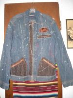 Mens Vintage Von Dutch Denim Jacket Leather Trim Paint Splattered