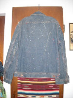 Mens Vintage Von Dutch Denim Jacket Leather Trim Paint Splattered