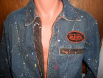 Mens Vintage Von Dutch Denim Jacket Leather Trim Paint Splattered