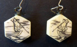 Scrimshaw ~ hanging EARRINGS ~ hexagon ~ spear fisherman ~ vintage