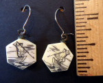 Scrimshaw ~ hanging EARRINGS ~ hexagon ~ spear fisherman ~ vintage