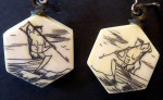 Scrimshaw ~ hanging EARRINGS ~ hexagon ~ spear fisherman ~ vintage
