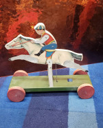 Antique Gibbs Toy #39 Hurdle Rider Tin & Wood Pull Toy