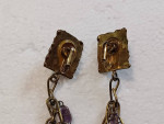 Vintage Amethyst and Brass Brutalist Style Dangle Clip-On Earrings