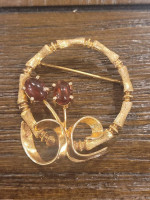Mid Century Yellow Gold Bamboo Hoop and Garnet Flower Brooch