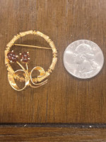 Mid Century Yellow Gold Bamboo Hoop and Garnet Flower Brooch