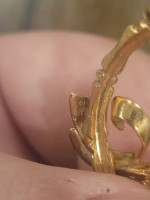 Mid Century Yellow Gold Bamboo Hoop and Garnet Flower Brooch