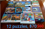 Set of 12 jigsaw puzzles (500-2000 pieces, most 1000)