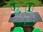 KID'S WOODEN CHALK/CRAFTS PROJECT TABLE W/METAL POTTERY BARN CHAIRS