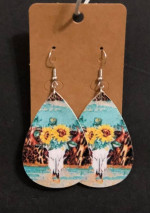 NEW Western Cowgirl Boho Cow Theme Faux Leather Teardrop Dangle Earrin