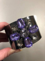 💜 Purple & Silver Gem Flower on Silver Cuff Bracelet 💜