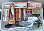 Large Bin of Tyco HO Trains, Santa Fe, Rolling Stock, Transformers Etc