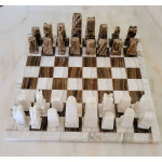 Carved Aztec 14" Tan & White Onyx Marble Chess Set