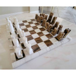 Carved Aztec 14" Tan & White Onyx Marble Chess Set