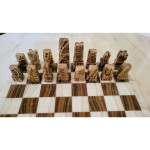 Carved Aztec 14" Tan & White Onyx Marble Chess Set