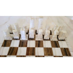 Carved Aztec 14" Tan & White Onyx Marble Chess Set