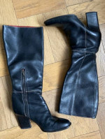 Anne Klein Black Leather Stitch Detail Block Heel Boots, size 7