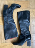 Anne Klein Black Leather Stitch Detail Block Heel Boots, size 7