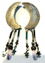 Vintage Moon Star Sterling Silver Earrings with Amethyst, Glass Beads