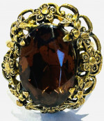 Turn of Century Vintage Topaz / Brown Crystal Ornate Brass Ring Adjust