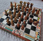 Vintage handmade AZTEC INCA vs SPANISH CONQUISTADORS Ceramic chess Set Wooden Bo