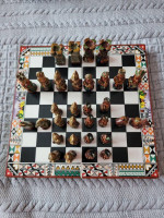 Vintage handmade AZTEC INCA vs SPANISH CONQUISTADORS Ceramic chess Set Wooden Bo
