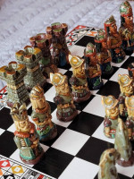 Vintage handmade AZTEC INCA vs SPANISH CONQUISTADORS Ceramic chess Set Wooden Bo