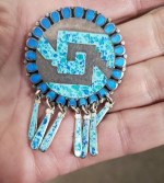 Vintage Sterling Silver Mexico Inlaid Stone Pendant Necklace Brooch