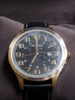 Bulova Men's Quartz Gold-Tone Case Black Leather Strap 42mm Watch, new
