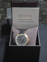 Bulova Men's Quartz Gold-Tone Case Black Leather Strap 42mm Watch, new