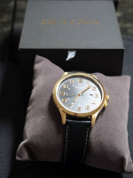Bulova Men's Quartz Gold-Tone Case Black Leather Strap 42mm Watch, new