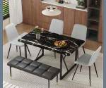 Modern Black Marble MDF Dining Set - 55"×31.4", 4 Chairs & 1 Bench