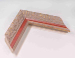 Antique gold picture frame on grey pink background with red stripe in classic style. 2.13" wide x 1.34" high.
