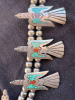 Navajo Peyote Water Bird Squash Necklace - Silver/Turquoise/Coral