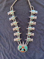 Navajo Peyote Water Bird Squash Necklace - Silver/Turquoise/Coral