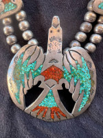 Navajo Peyote Water Bird Squash Necklace - Silver/Turquoise/Coral