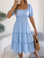 Square Neck Short Puff Sleeve Dress