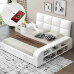 Wooden Queen Size Upholstered Platform Bed with Multimedia Nightstand and Storage Shelves, for Kids Teens Adults Bedroom Use (White@Nightstand, Queen)