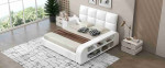 Wooden Queen Size Upholstered Platform Bed with Multimedia Nightstand and Storage Shelves, for Kids Teens Adults Bedroom Use (White@Nightstand, Queen)