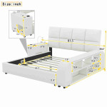 Wooden Queen Size Upholstered Platform Bed with Multimedia Nightstand and Storage Shelves, for Kids Teens Adults Bedroom Use (White@Nightstand, Queen)
