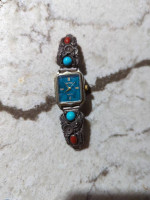Vintage Native American Sterling Silver Quartz Watch Coral Turquoise