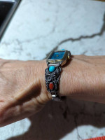 Vintage Native American Sterling Silver Quartz Watch Coral Turquoise