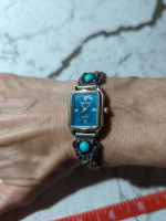 Vintage Native American Sterling Silver Quartz Watch Coral Turquoise