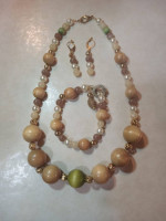 Necklace Bracelet Earring Set. Wood Faux Pearls and Beads