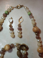Necklace Bracelet Earring Set. Wood Faux Pearls and Beads